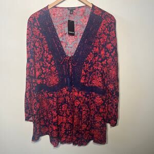 Torrid NWT Tunic Blouse Red Navy Gauze Floral Boho Cottagecore Summer Casual 1X